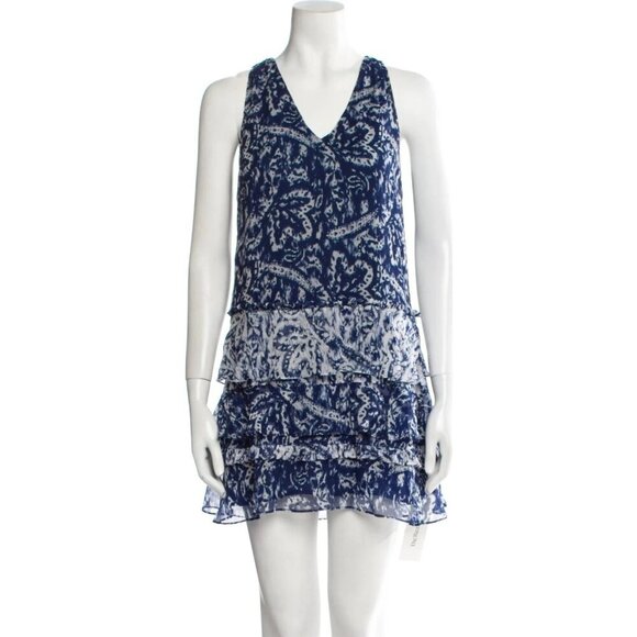 Ramy Brook Blue/White Silk  Ruffle V-Neckline Women's Dress Size Small - Picture 1 of 9